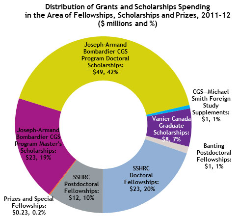 Distribution of Grants and Scholarships Spending in the area of Fellowships, Scholarships and Prizes, 2011-12
