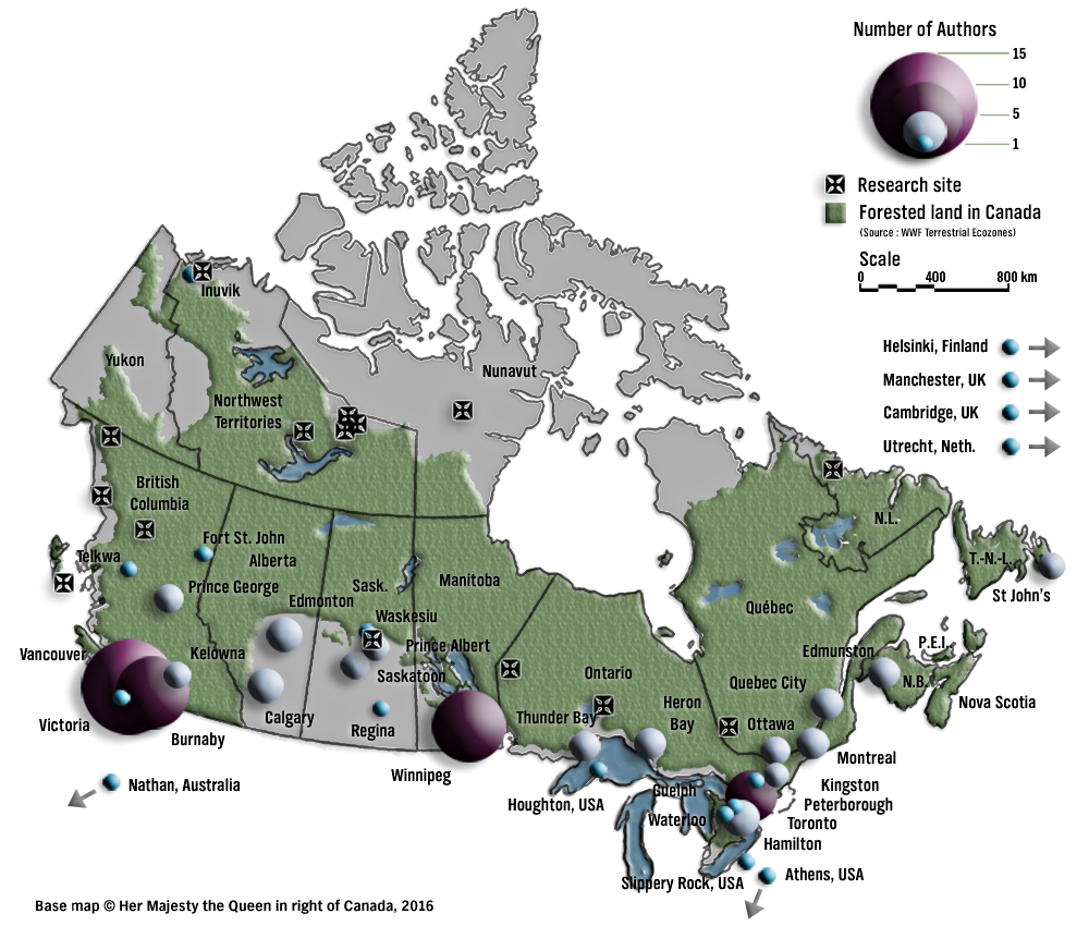Map of Canada indicating research sites and locations of author-affiliated institutions related to research on Aboriginal natural resource development