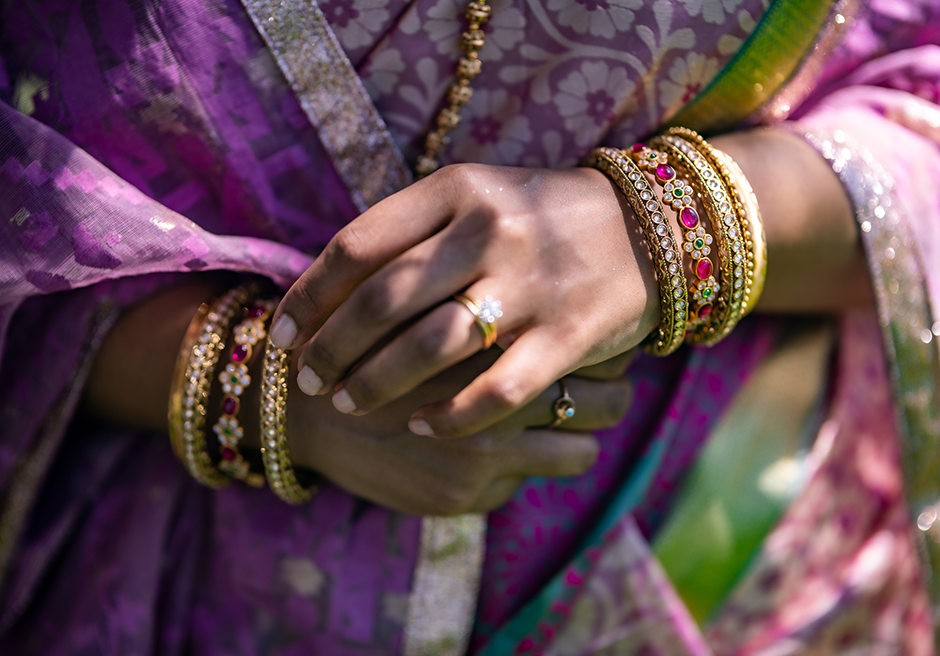 South Asian Muslim bride in her vivid bridal finery and jewellery