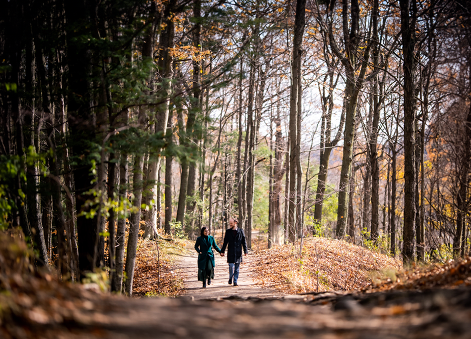 interracial couple walking hand in hand on a forest pathway