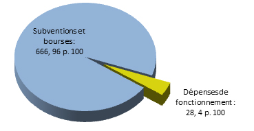 Description de la répartition des dépenses du CRSH entre les subventions et les dépenses de fonctionnement en 2012-2013 (en millions et en pourcentage)